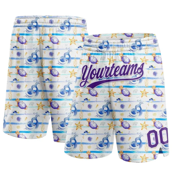 Custom White Purple 3D Pattern Starfishs And Sea Wave Authentic Basketball Shorts MOW_32494735