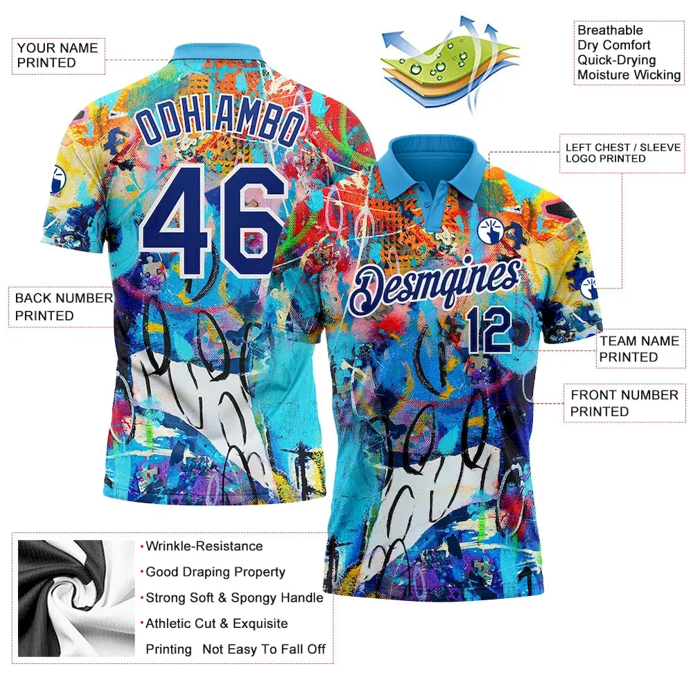 Custom Graffiti Pattern Royal-White 3D Performance Golf Polo Shirt EJO_53570879 - 图片 3