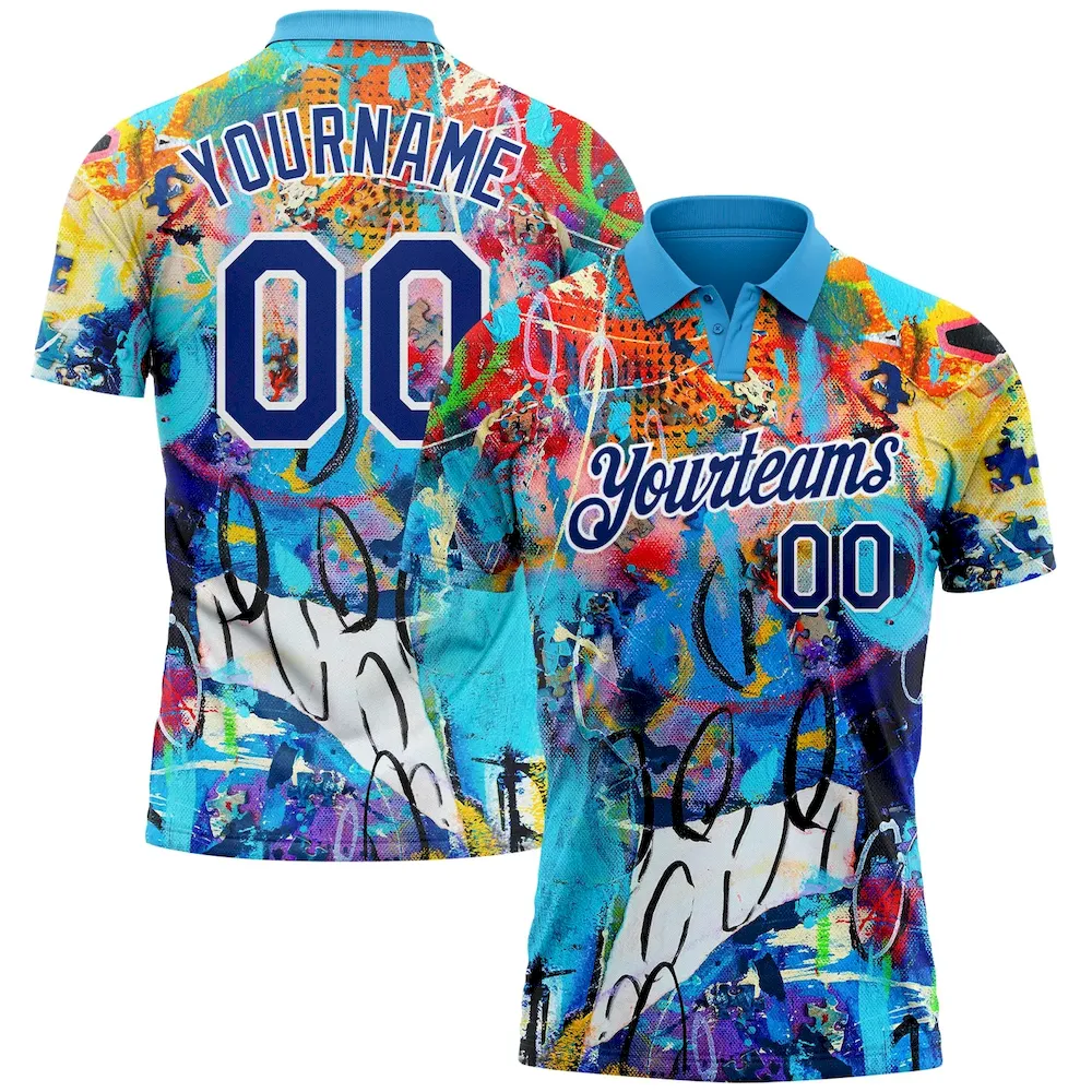 Custom Graffiti Pattern Royal-White 3D Performance Golf Polo Shirt EJO_53570879