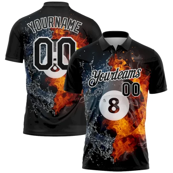 Custom Black White 3D Pattern Design Flame Billiards 8 Ball Performance Polo Shirt OSW_55048833