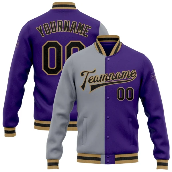 Custom Purple Black Gray-Old Gold Bomber Full-Snap Varsity Letterman Split Fashion Jacket INZ_60797421