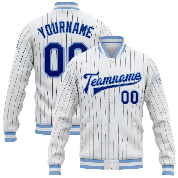 Custom White Royal Pinstripe Light Blue Bomber Full-Snap Varsity Letterman Jacket GHS_88618385