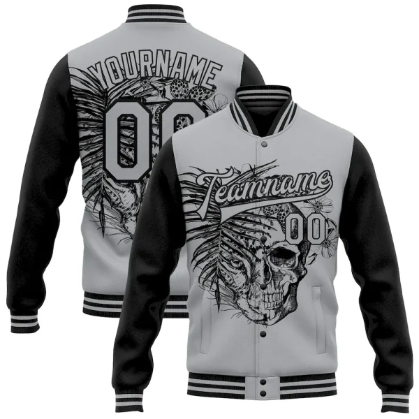 Custom Gray Black Tropical Plant Leopard Skull Fashion 3D Bomber Full-Snap Varsity Letterman Two Tone Jacket AEL_46407199