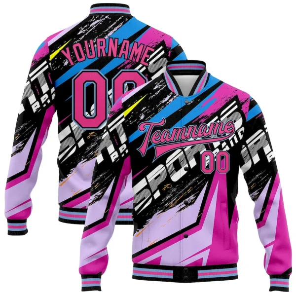 Custom Graffiti Pattern Pink Black-Light Blue Sports 3D Bomber Full-Snap Varsity Letterman Jacket AST_77947974
