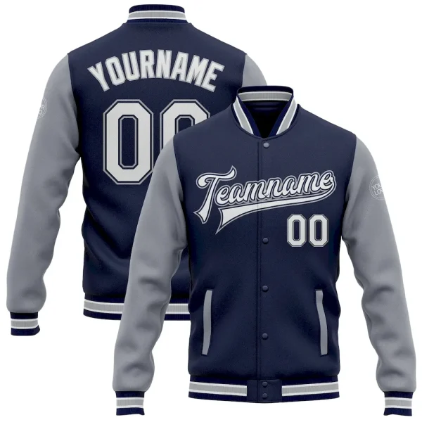 Custom Navy White-Gray Bomber Full-Snap Varsity Letterman Two Tone Jacket CTX_72060229