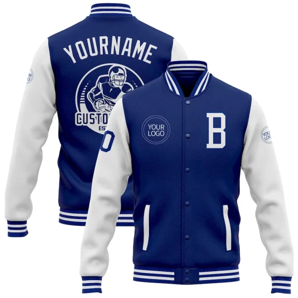 Custom Royal White Bomber Full-Snap Varsity Letterman Two Tone Jacket ADF_30337071