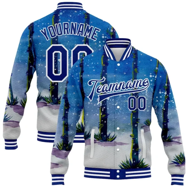 Custom Royal White Watercolor Forest With Trunks 3D Pattern Design Bomber Full-Snap Varsity Letterman Jacket JNS_65876035