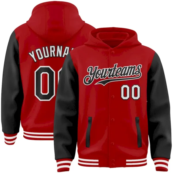 Custom Red Black-White Bomber Full-Snap Varsity Letterman Two Tone Hoodie Jacket OPY_34388056