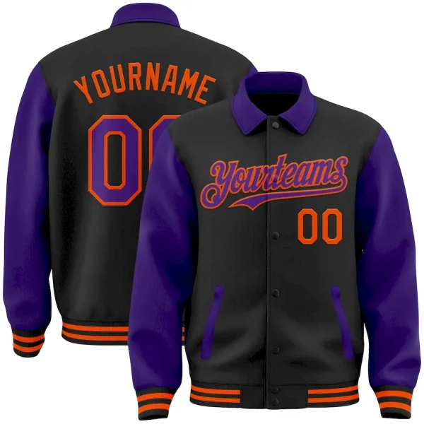 Custom Black Purple-Orange Bomber Full-Snap Varsity Letterman Two Tone Lapel Collar Byron Jacket FJK_38364487