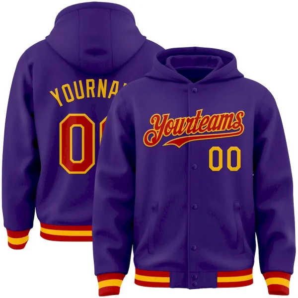 Custom Purple Red-Gold Bomber Full-Snap Varsity Letterman Hoodie Jacket DMX_25307980