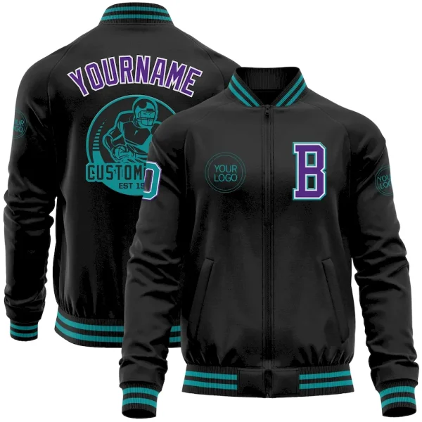 Custom Black Teal-Purple Bomber Varsity Letterman Zipper Jacket HNU_32576784