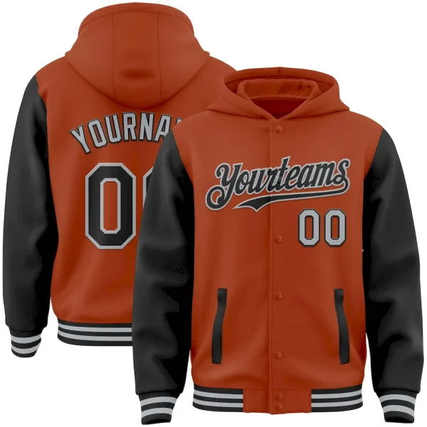 Custom Texas Orange Black-Gray Bomber Full-Snap Varsity Letterman Two Tone Hoodie Jacket BDR_57400465