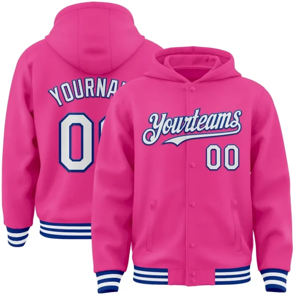 Custom Pink White-Royal Bomber Full-Snap Varsity Letterman Hoodie Jacket IKY_78490379