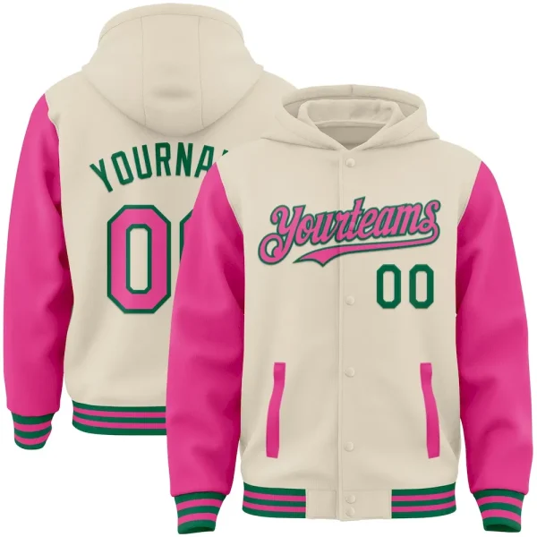 Custom Cream Pink-Kelly Green Bomber Full-Snap Varsity Letterman Two Tone Hoodie Jacket DEK_41507640