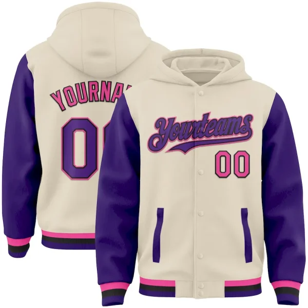 Custom Cream Purple Black-Pink Bomber Full-Snap Varsity Letterman Two Tone Hoodie Jacket EIU_68275892