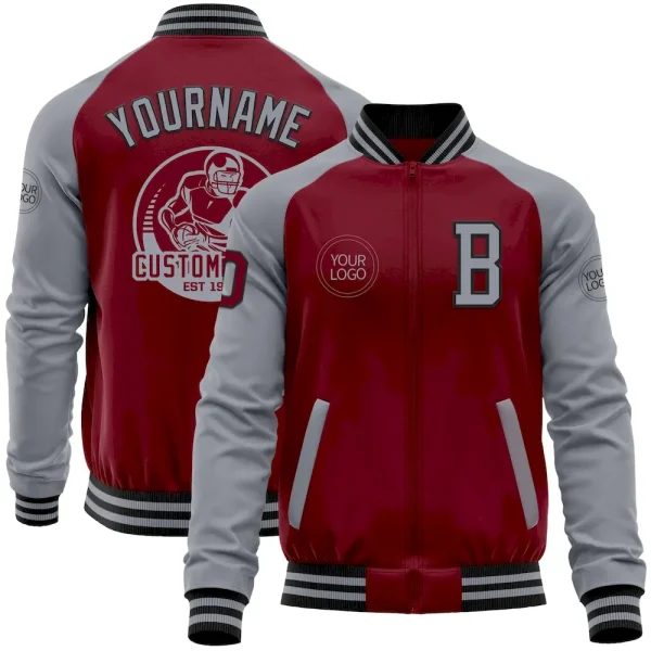Custom Crimson Gray-Black Bomber Varsity Letterman Two Tone Zipper Jacket AFX_39304670