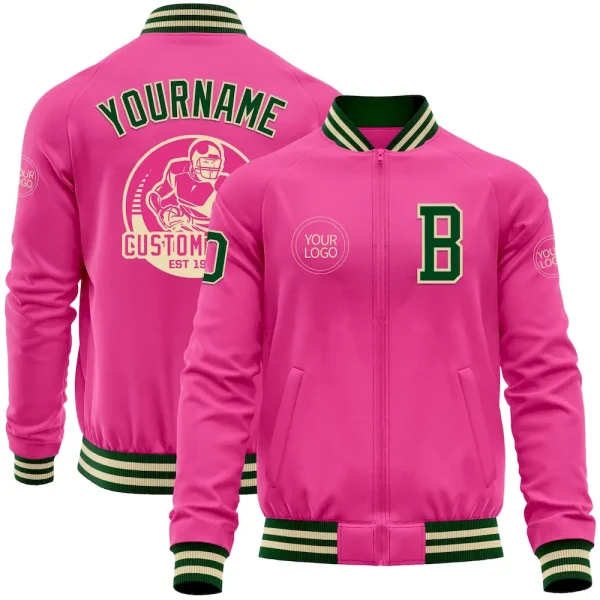 Custom Pink Green-Cream Bomber Varsity Letterman Zipper Jacket BWY_92682680