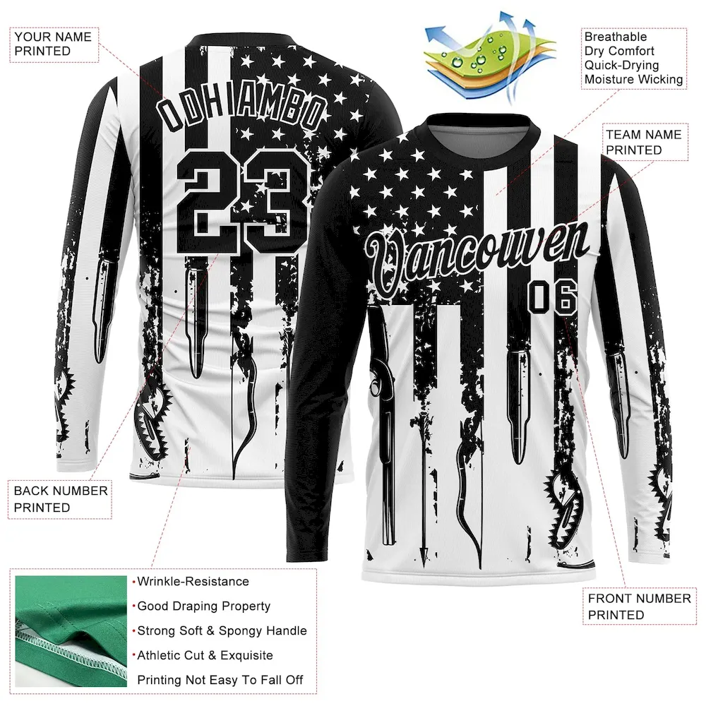 Custom Black White 3D Hunting Tools American Flag Long Sleeve Performance T-Shirt DQR_34258661 - 图片 2