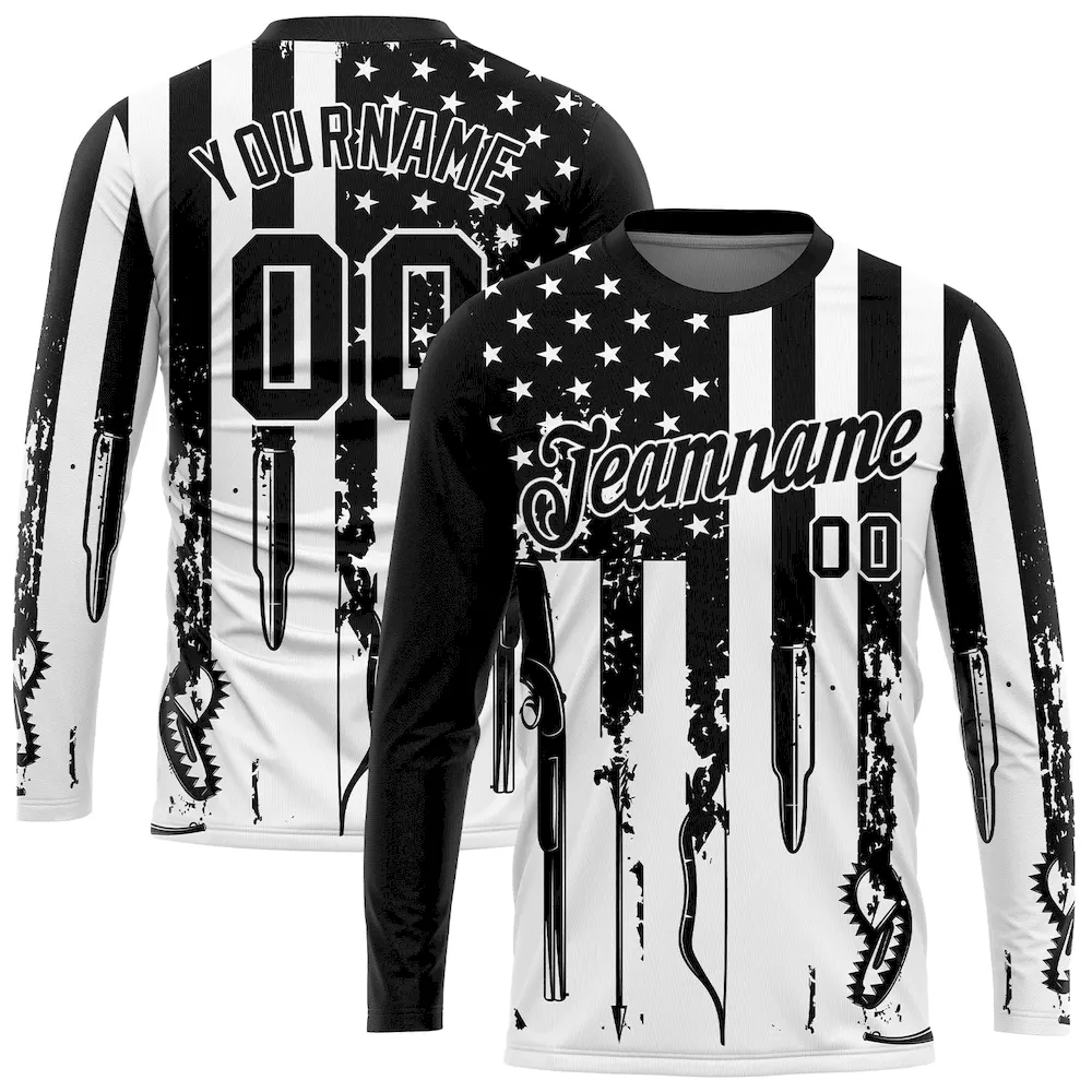 Custom Black White 3D Hunting Tools American Flag Long Sleeve Performance T-Shirt DQR_34258661