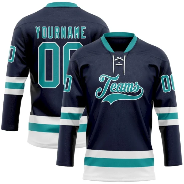 Custom Navy Teal-White Hockey Lace Neck Jersey IQX_13008775