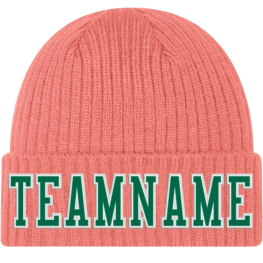 Custom Pink Kelly Green-White Stitched Cuffed Knit Hat KST_22798152