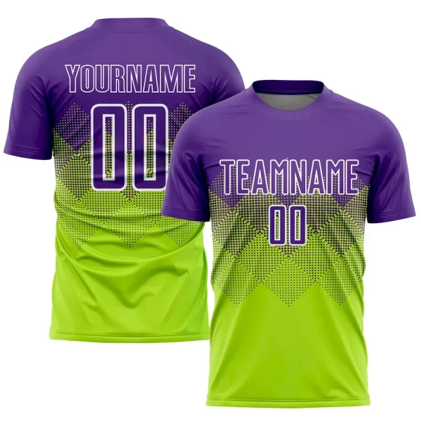 Custom Neon Green Purple-White Sublimation Soccer Uniform Jersey DOU_29081676