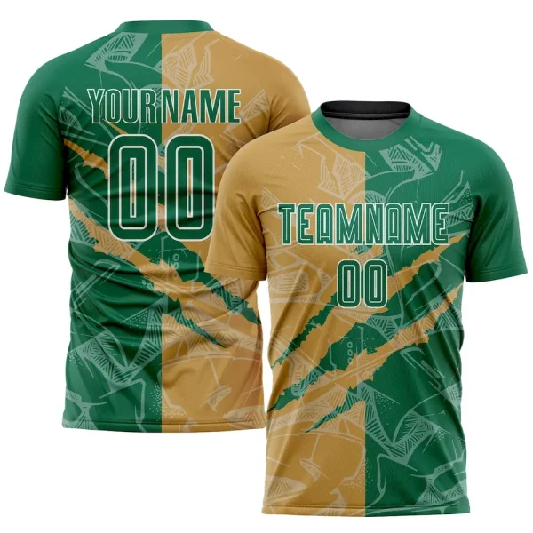Custom Graffiti Pattern Kelly Green-Old Gold Scratch Sublimation Soccer Uniform Jersey BCK_79976506