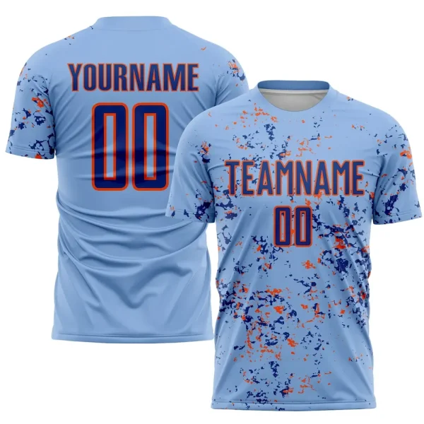 Custom Light Blue Royal-Orange Abstract Fragment Art Sublimation Soccer Uniform Jersey HPW_30581328